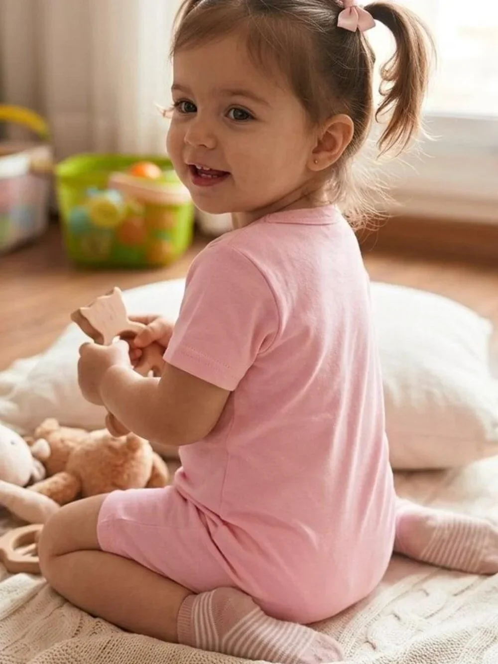 Baby Girls Solid Pink Short Sleeve Snap-Closure Romper-24 Mos.